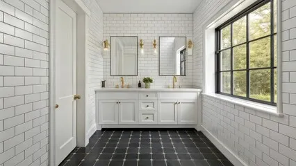 Twin gold-lit mirrors over a white vanity, with black and white chequer floor tile
