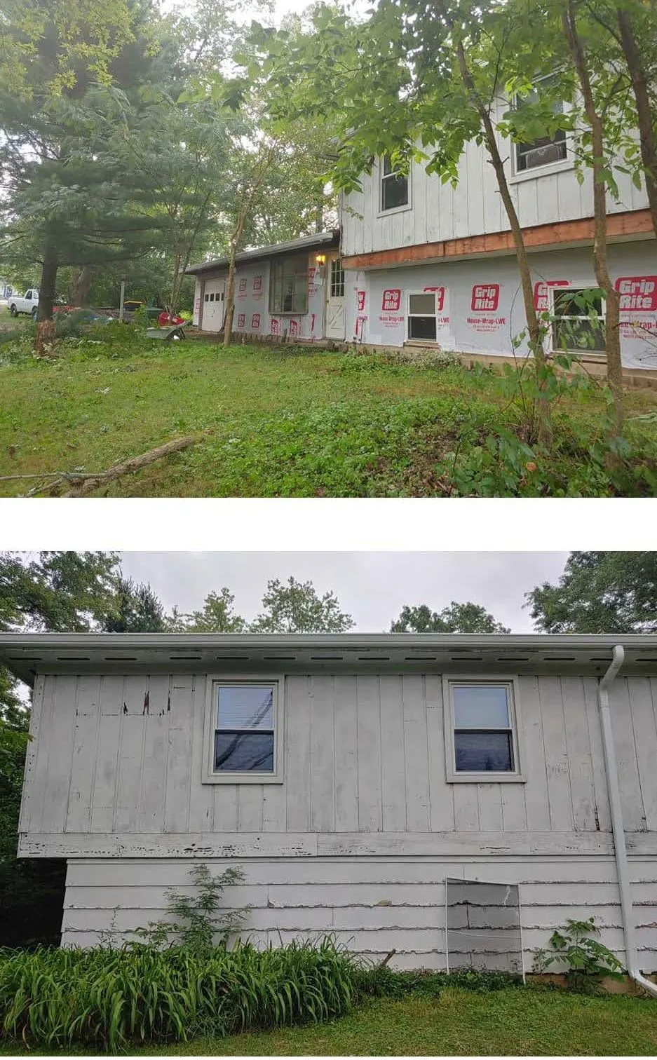 Siding replacement in progress showing house wrap over the original damaged siding