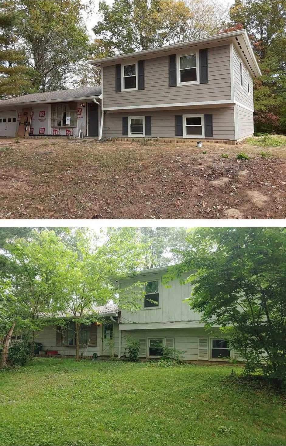 Before and after exterior siding replacement on a tri-level home