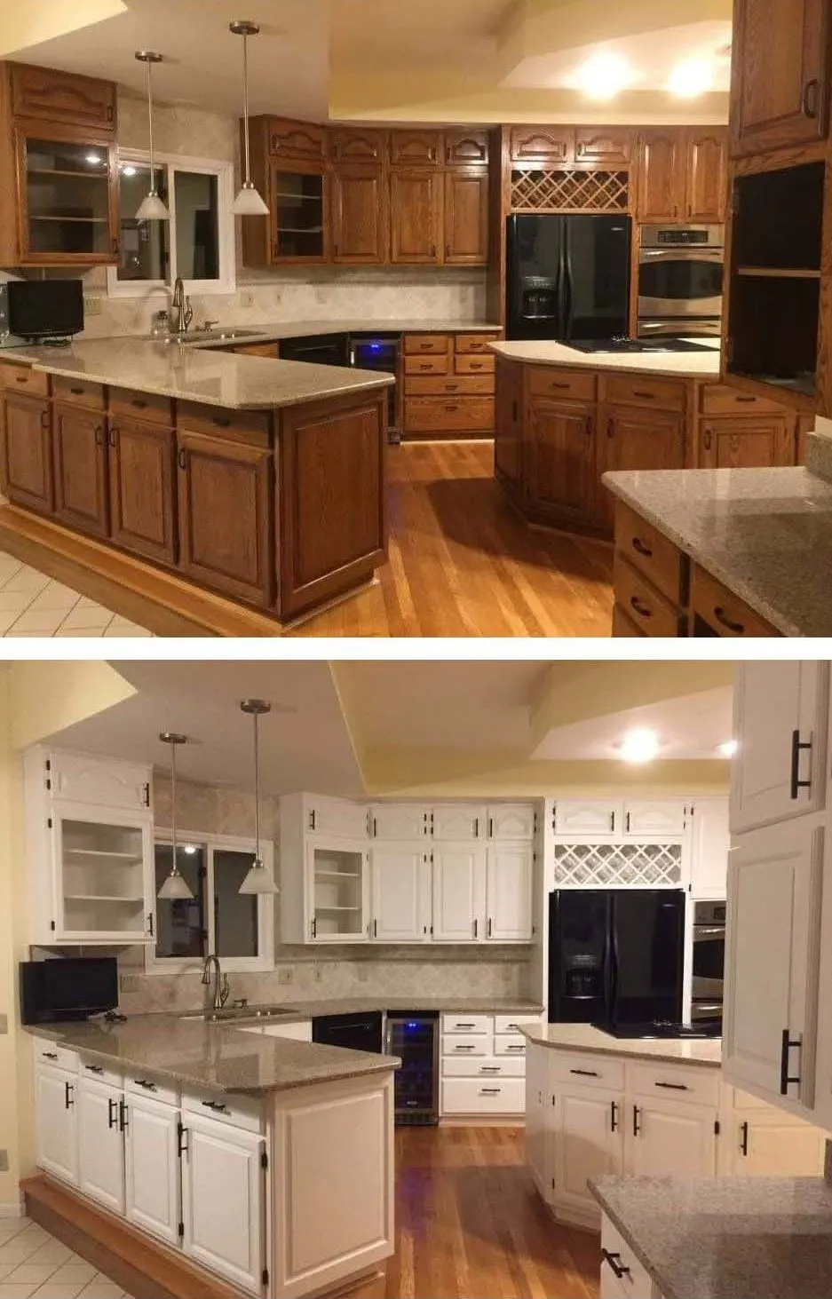 Before and after kitchen cabinet refinishing — oak cabinets painted white with black hardware