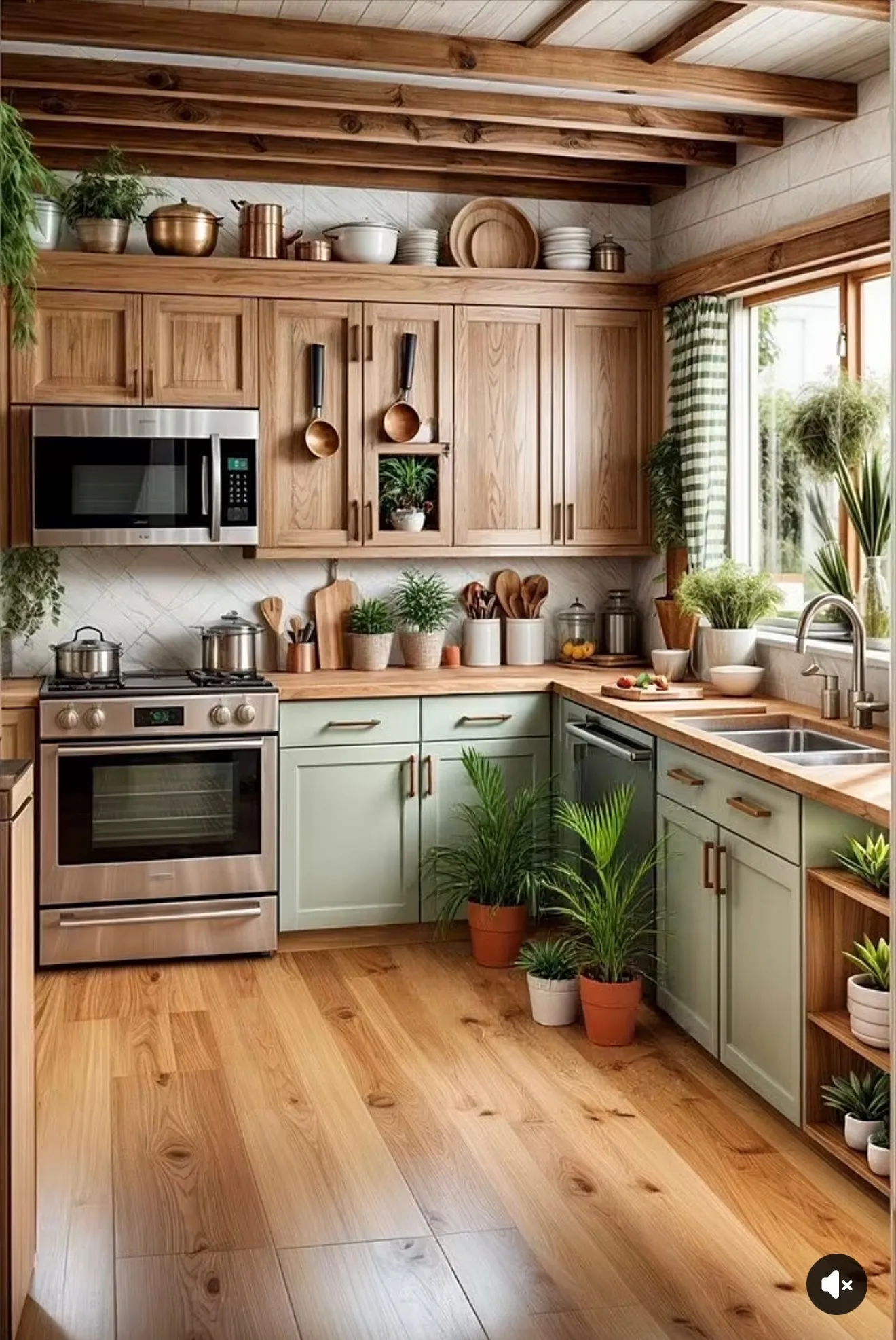 Kitchen with sage-green lower cabinets, oak uppers and a beamed ceiling above a wood floor